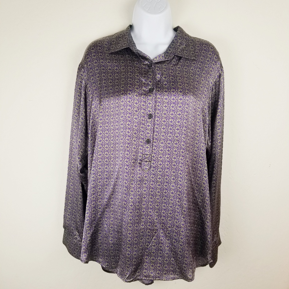 VINTAGE CAbi Printed Silk Tunic Blouse Purple Grey - Picture 2 of 7